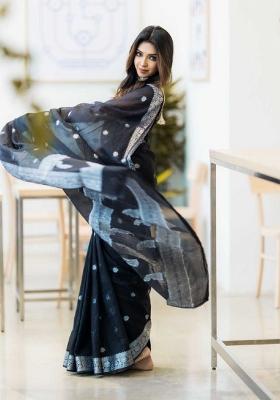 Black Woven Cotton Saree Set