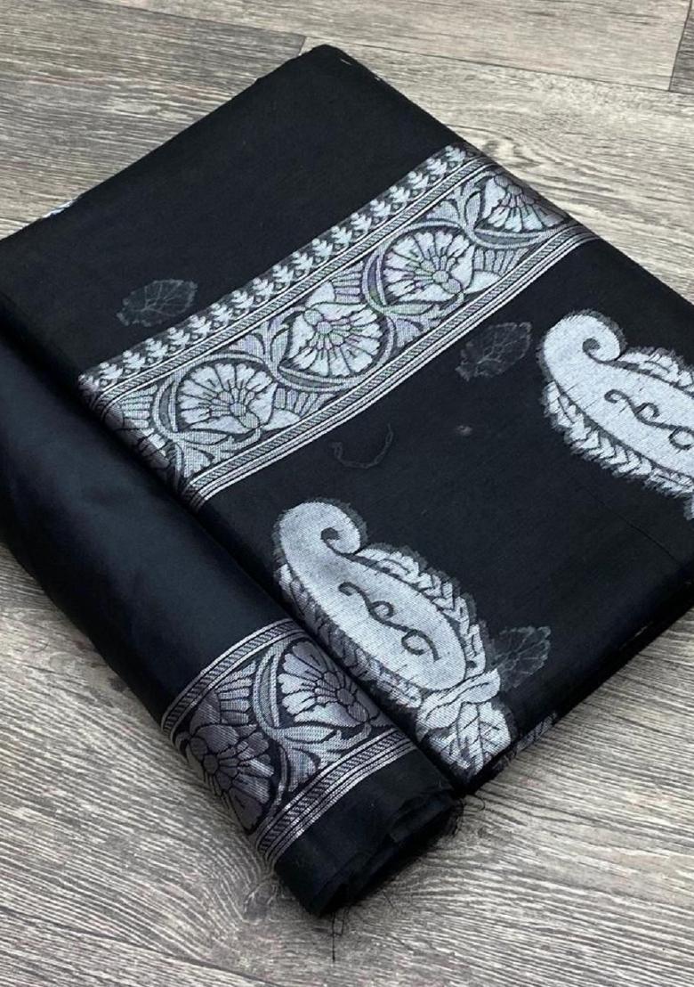 Black Woven Cotton Saree Set - Indya