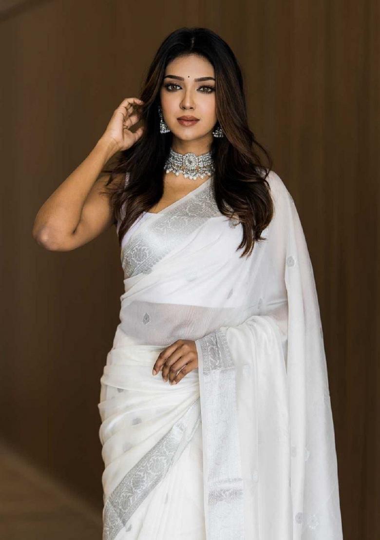 White Woven Cotton Saree Set - Indya