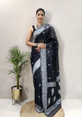 Black Woven Cotton Saree Set