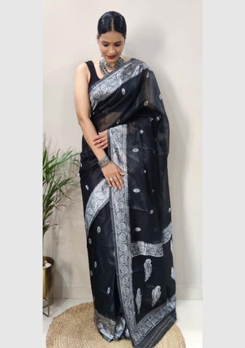 Black Woven Cotton Saree Set - Indya