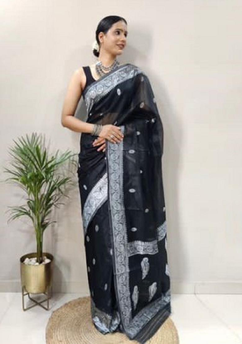Black Woven Cotton Saree Set - Indya