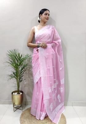 Baby Pink Woven Cotton Saree Set