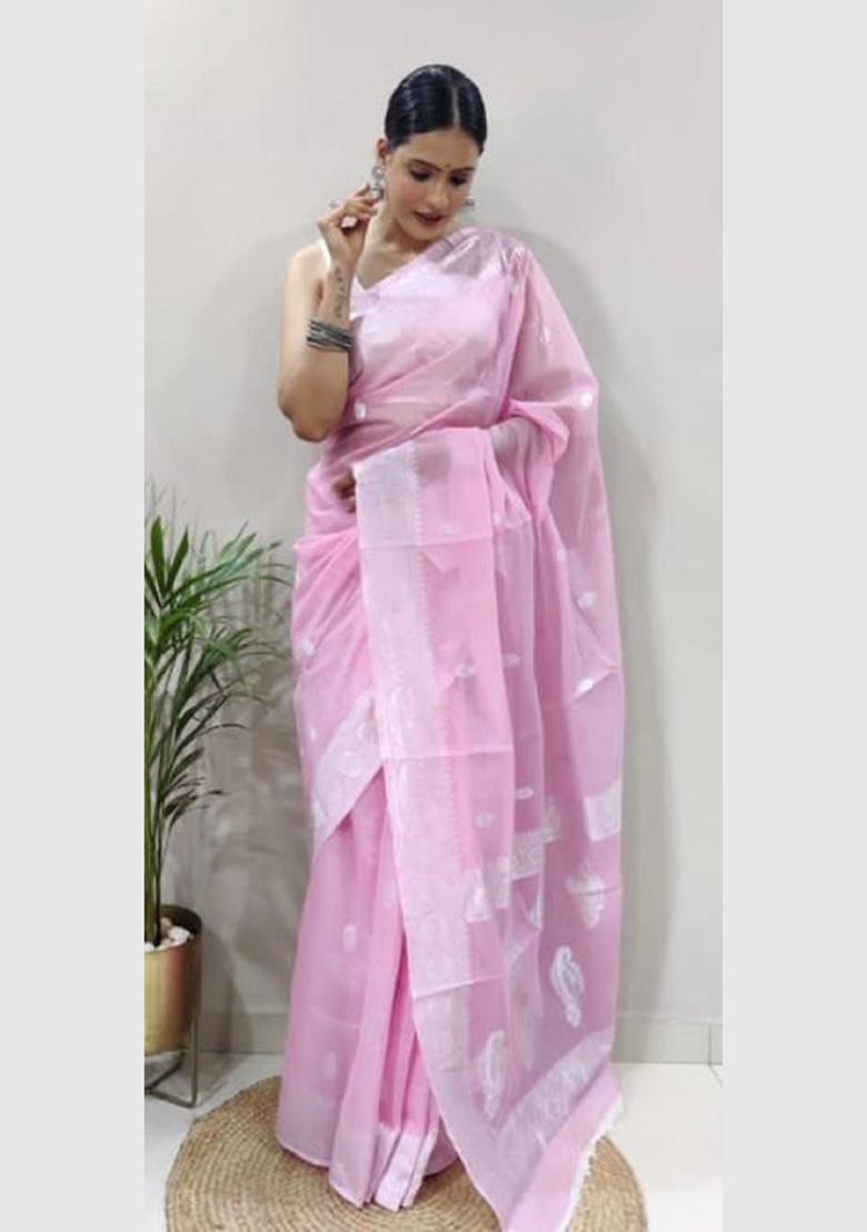 Baby Pink Woven Cotton Saree Set - Indya