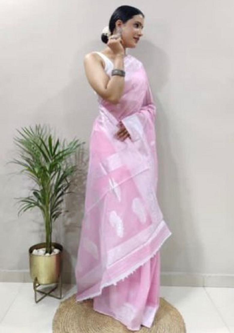 Baby Pink Woven Cotton Saree Set - Indya