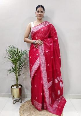 Red Woven Cotton Saree Set