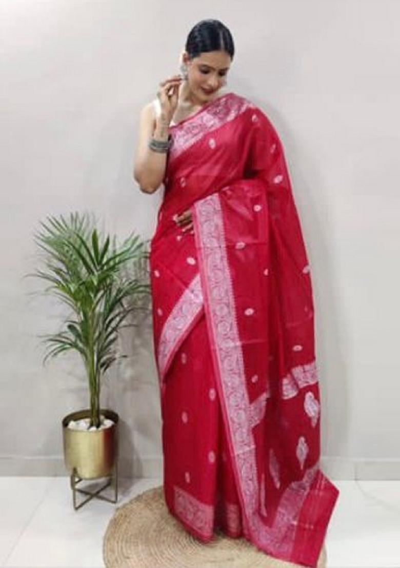 Red Woven Cotton Saree Set - Indya