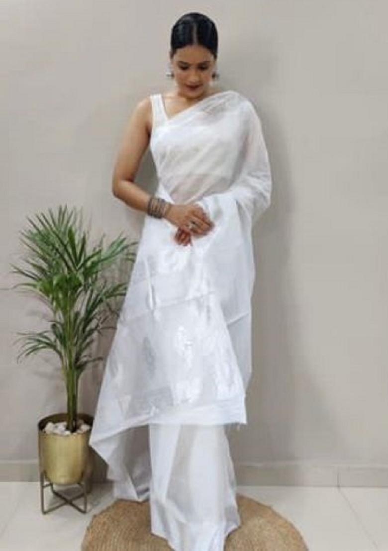 White Woven Cotton Saree Set - Indya