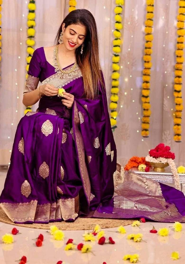 Purple Woven Silk Blend Saree Set for Diwali and Festive Wear - Indya