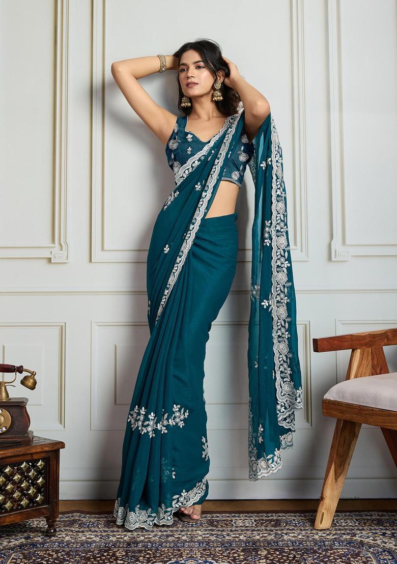 Teal Embroidered Blended Saree Set - Indya