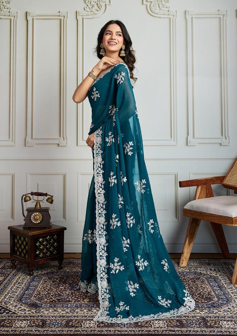 Teal Embroidered Blended Saree Set - Indya
