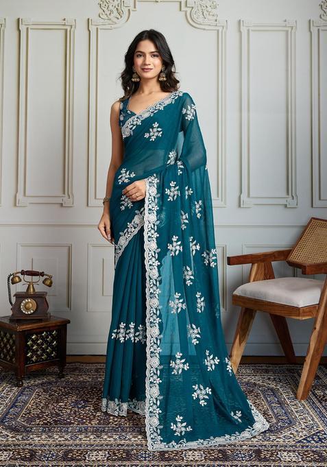 Teal Embroidered Blended Saree Set