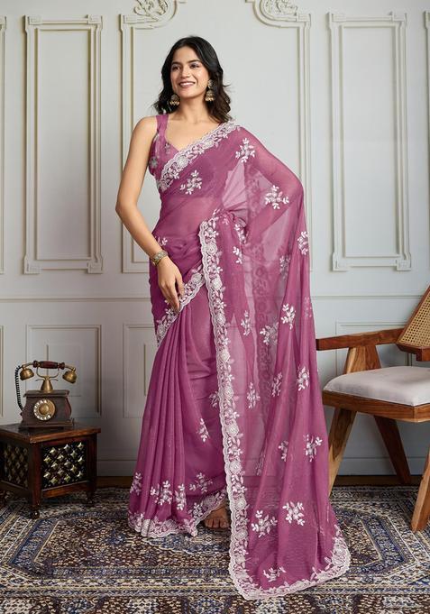 Pink Embroidered Blended Saree Set