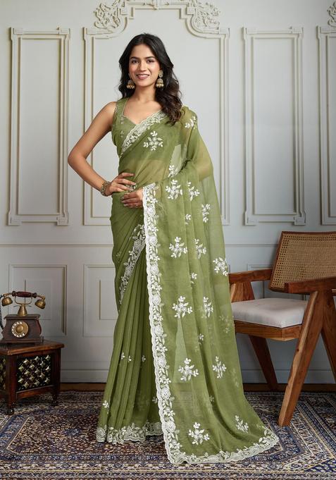 Green Embroidered Blended Saree Set
