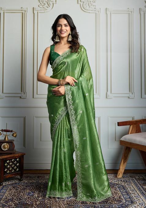 Green Embroidered Blended Saree Set