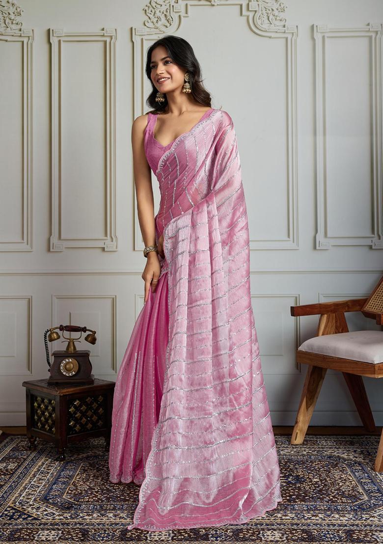 Pink Sequin Work Blended Saree Set - Indya