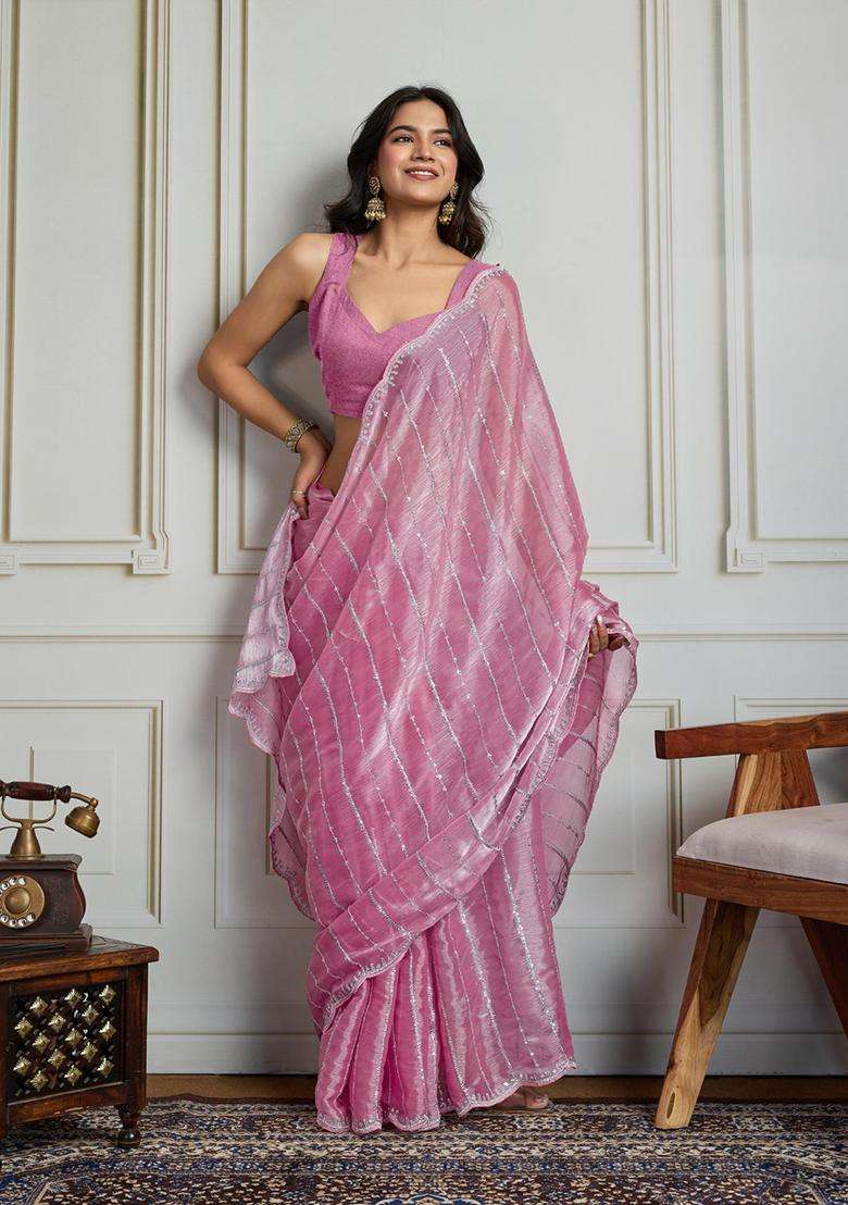 Pink Sequin Work Blended Saree Set for Diwali and Festive Wear - Indya
