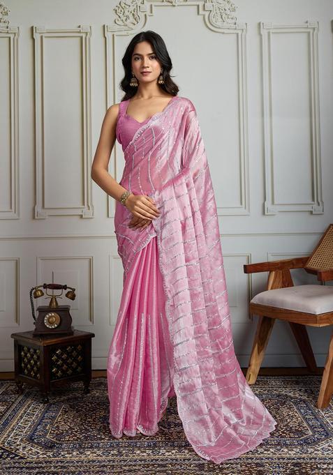Pink Sequin Work Blended Saree Set