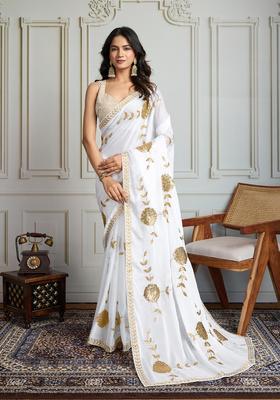 White Embroidered Blended Saree Set