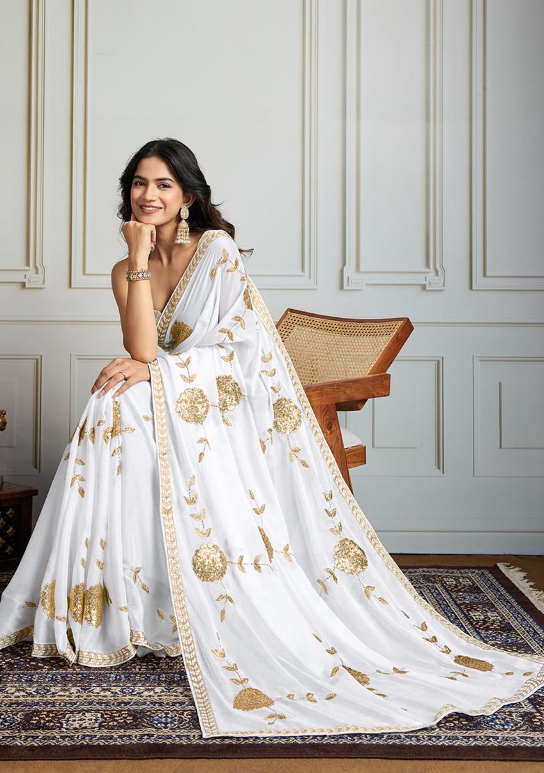White Embroidered Blended Saree Set - Indya