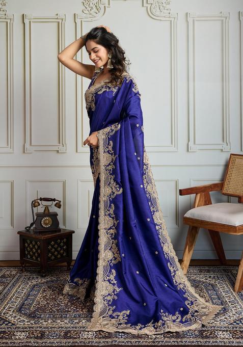 Blue Embroidered Blended Saree Set