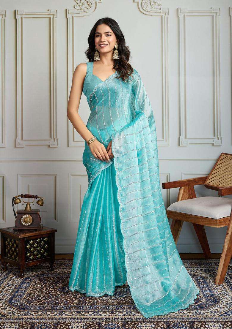 Blue Work Blended Saree Set with Sequin for Diwali | Wedding & Festive Wear - Indya