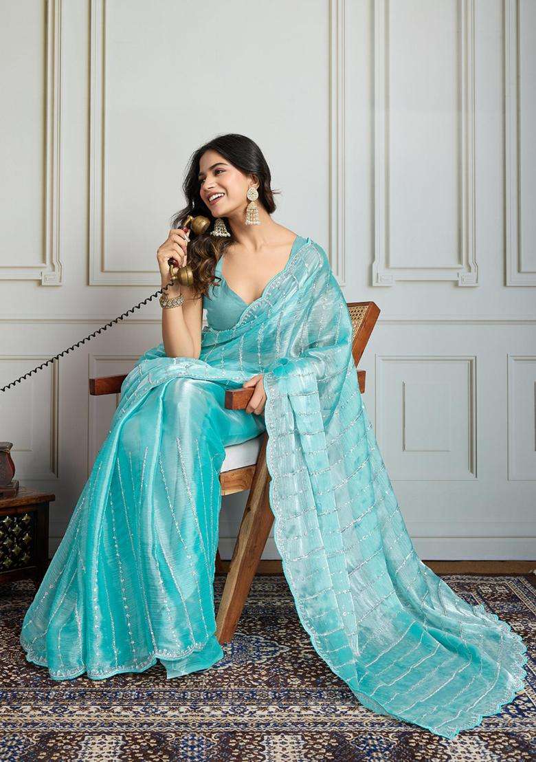 Blue Work Blended Saree Set with Sequin for Diwali | Wedding & Festive Wear - Indya
