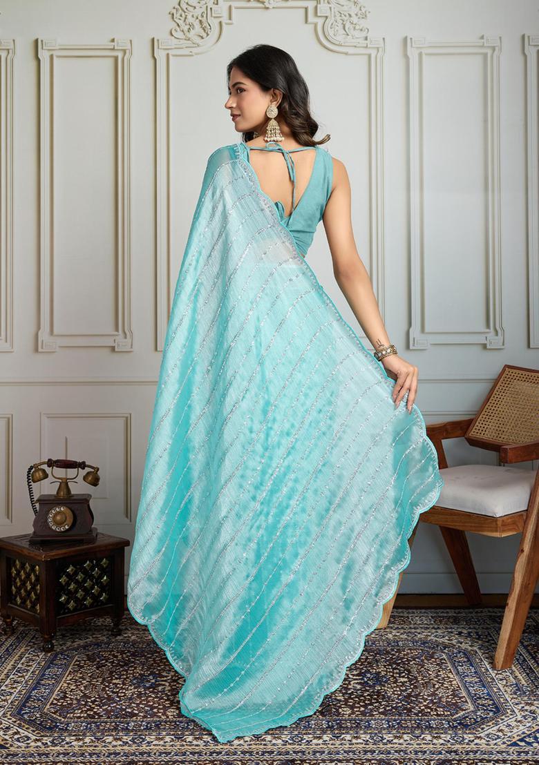 Blue Sequin Work Blended Saree Set - Indya