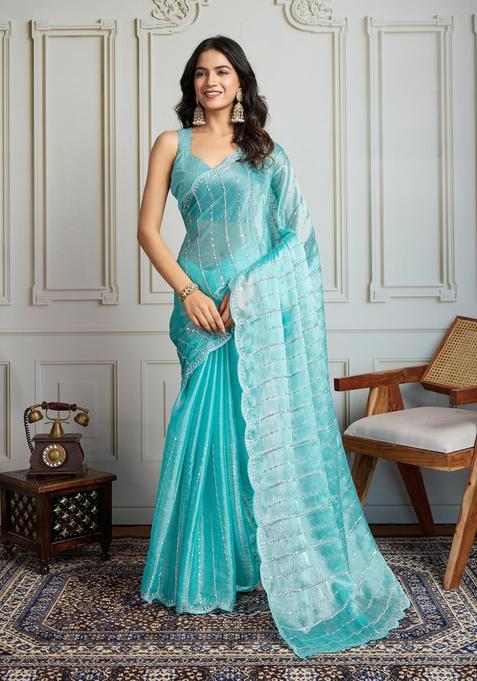 Blue Sequin Work Blended Saree Set