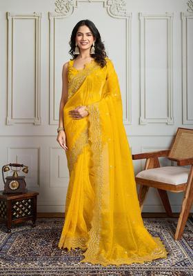 Yellow Embroidered Blended Saree Set