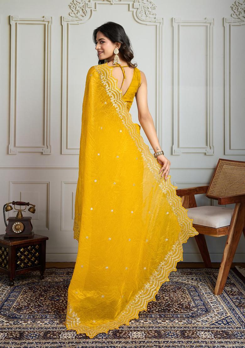 Yellow Embroidered Blended Saree Set - Indya