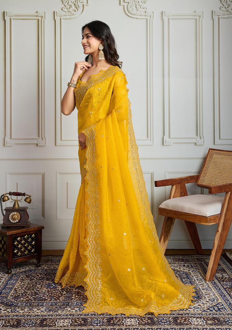 Yellow Embroidered Blended Saree Set - Indya