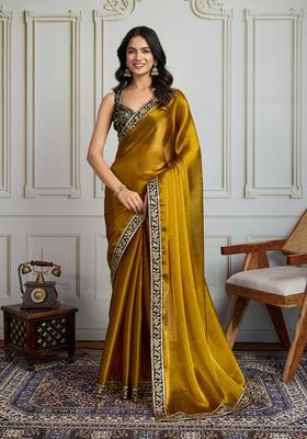 Mustard Embroidered Blended Saree Set