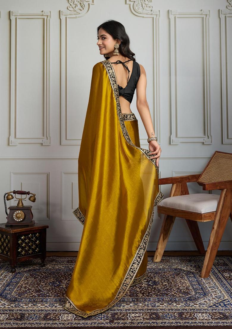 Mustard Embroidered Blended Saree Set - Indya