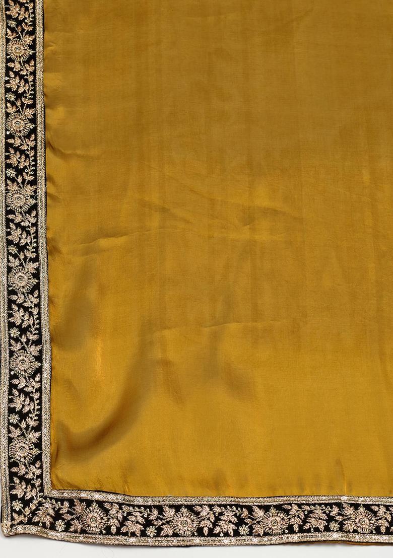 Mustard Embroidered Blended Saree Set - Indya