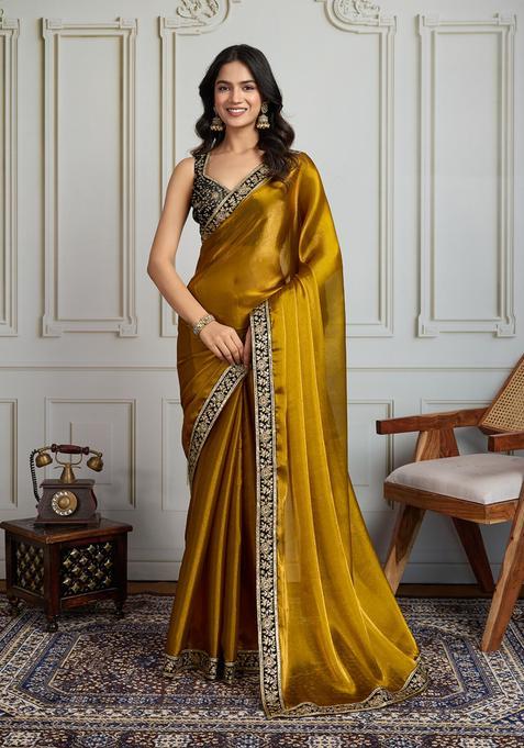 Mustard Embroidered Blended Saree Set