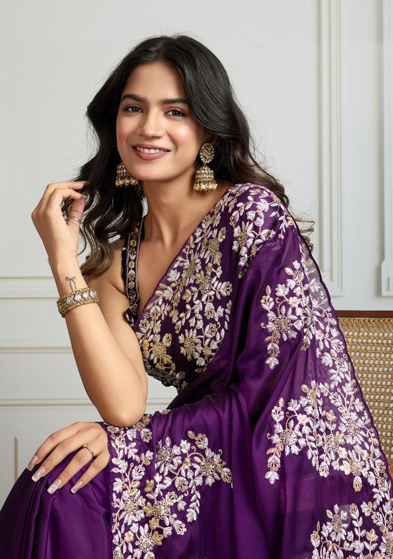 Purple Embroidered Blended Saree Set - Indya