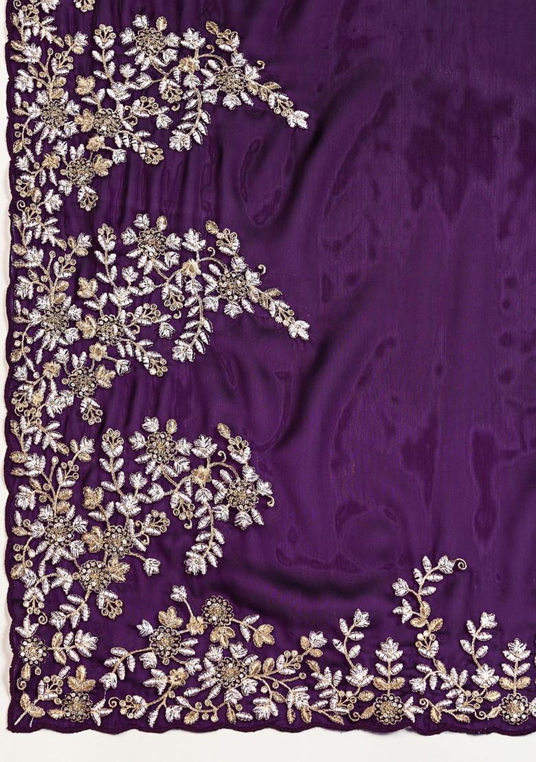 Purple Embroidered Blended Saree Set - Indya