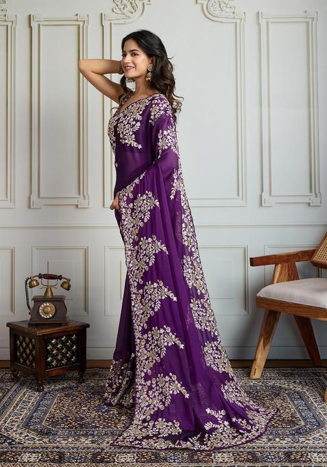 Purple Embroidered Blended Saree Set