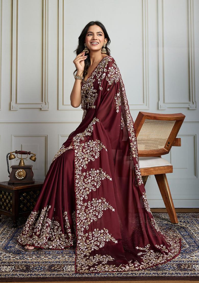 Maroon Embroidered Blended Saree Set - Indya