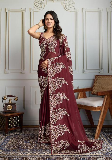 Maroon Embroidered Blended Saree Set