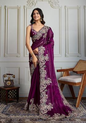 Wine Embroidered Blended Saree Set