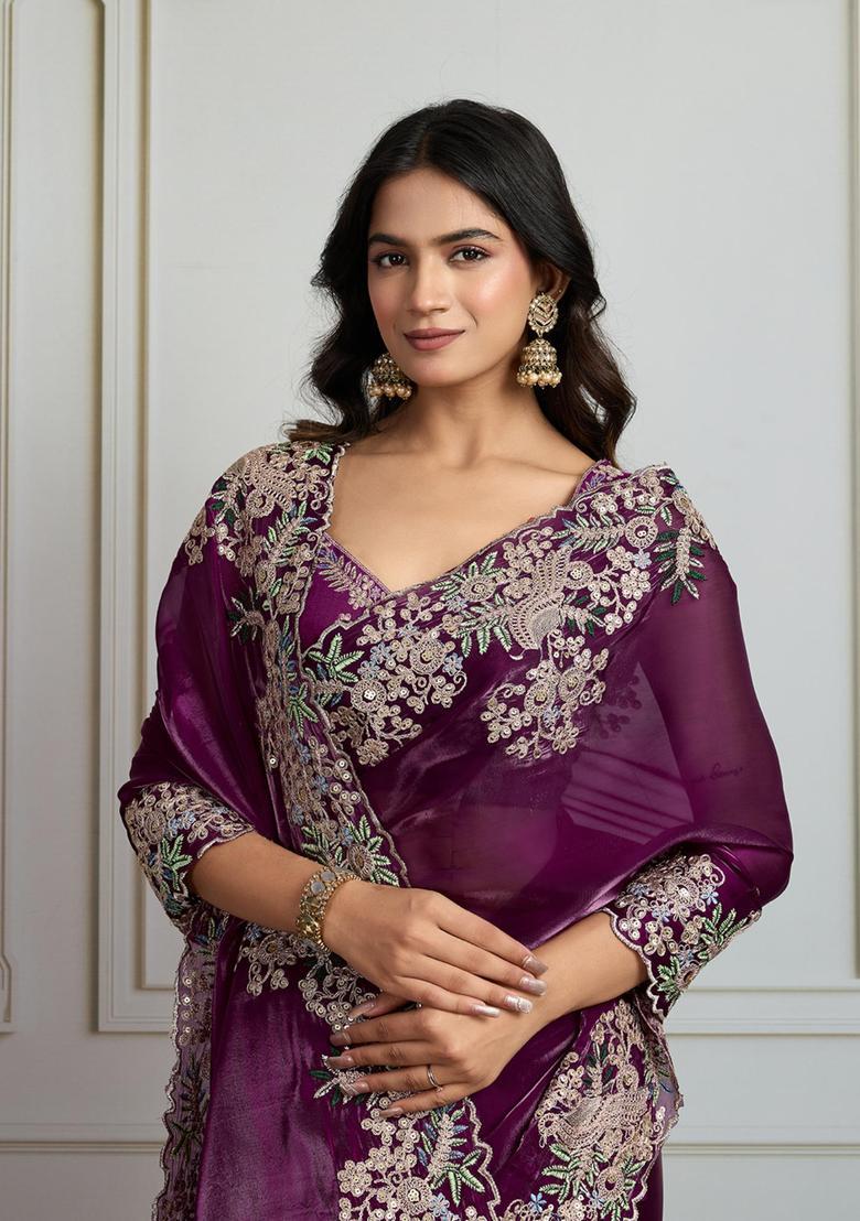 Wine Embroidered Blended Saree Set - Indya