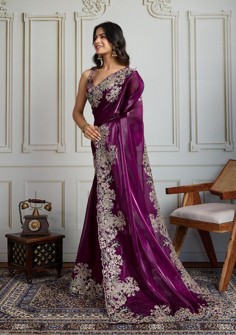 Wine Embroidered Blended Saree Set - Indya