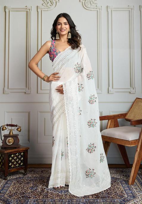 White Floral Print Blended Saree Set