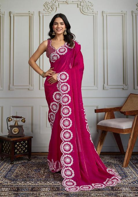 Pink Embroidered Blended Saree Set