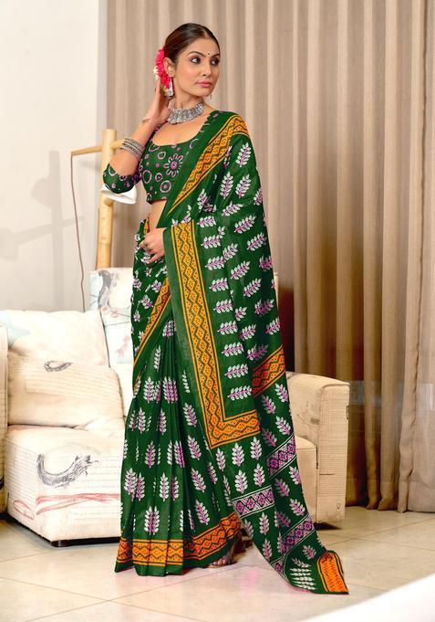 Green Printed Cotton Saree Set