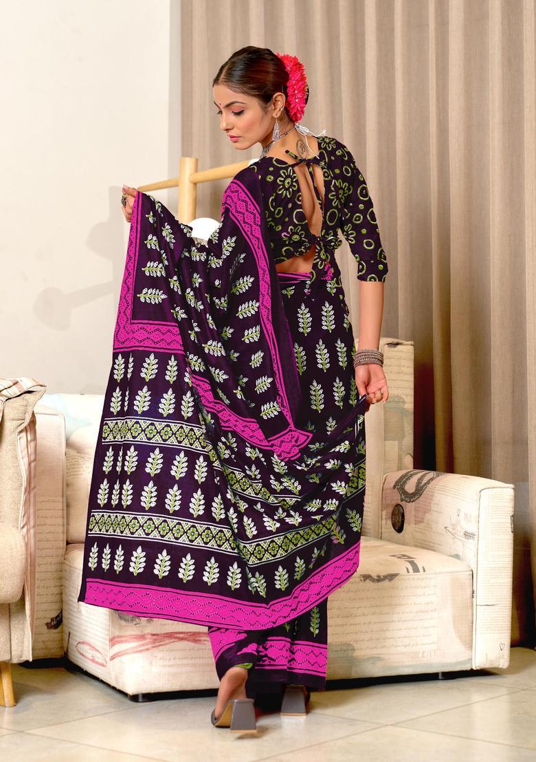Wine Printed Cotton Saree Set - Indya