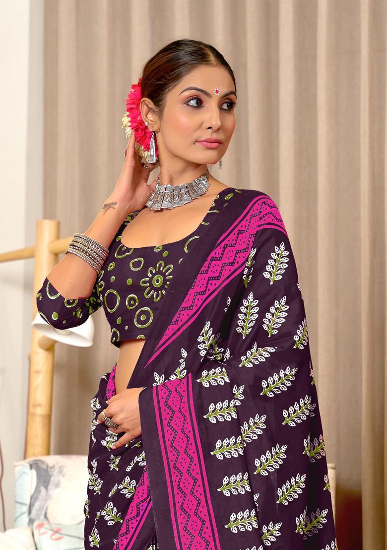 Wine Printed Cotton Saree Set - Indya