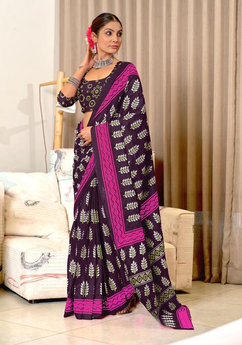 Wine Printed Cotton Saree Set